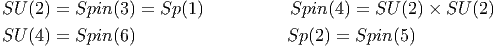 SU (2) = Spin(3) = Sp (1)           Spin(4) = SU  (2 ) × SU (2)

SU (4) = Spin(6)                   Sp (2) = Spin (5 )
       