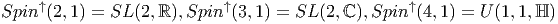      ↑                      ↑                      ↑
Spin  (2, 1) = SL (2,ℝ),Spin  (3,1) = SL (2,ℂ),Spin  (4,1) = U (1,1,ℍ )
       