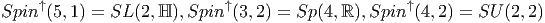     ↑                       ↑                      ↑
Spin (5,1) = SL (2,ℍ ),Spin  (3,2) = Sp(4,ℝ ),Spin (4,2 ) = SU (2,2)
       