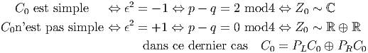                        2
   C0 est simple   ⇔  ϵ =  - 1 ⇔ p - q = 2 mod4  ⇔  Z0 ~ ℂ
C0n ’est pas simple  ⇔  ϵ2 = +1 ⇔  p - q = 0 mod4  ⇔  Z0 ~ ℝ  ⊕ ℝ

                         dans ce dernier cas  C0 = PLC0  ⊕ PRC0
