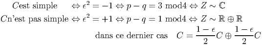                       2
   Cest simple    ⇔  ϵ  = - 1 ⇔ p - q = 3 mod4  ⇔  Z  ~ ℂ
Cn ’est pas simple ⇔ ϵ2 = +1 ⇔  p - q = 1 mod4  ⇔  Z ~  ℝ ⊕ ℝ
                                                  1 - ϵ     1 - ϵ
                        dans  ce dernier cas C  = -----C ⊕  -----C
                                                    2         2
