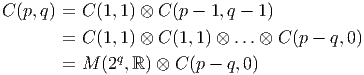 C (p,q) = C (1,1) ⊗ C(p - 1,q - 1)
        = C (1,1) ⊗ C(1,1 ) ⊗ ...⊗ C(p - q,0)
        = M  (2q,ℝ ) ⊗ C (p - q,0)
       