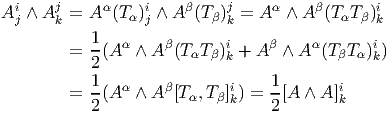  i     j    α     i    β    j     α    β       i
Aj ∧ A k = A  (T α)j ∧ A (Tβ)k = A  ∧ A  (TαT β)k
           1   α    β       i    β     α      i
        =  2(A   ∧ A (T αTβ)k + A  ∧ A  (TβTα)k)
           1                      1
        =  -(A α ∧ Aβ[Tα,T β]ik) =  -[A  ∧ A]ik
           2                      2
