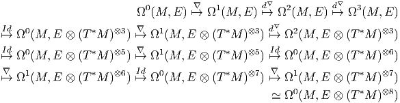                                    ∇           d∇           d∇
                         Ω0(M, E )↦→  Ω1 (M, E )↦→  Ω2 (M, E )↦→  Ω3 (M, E )
Id  0           *   ⊗3   ∇   1           *   ⊗3  d∇  2           *   ⊗3
↦→  Ω (M, E ⊗  (T M  )  )↦→  Ω  (M,  E ⊗ (T  M )  ) ↦→  Ω (M, E  ⊗ (T M  )  )
Id  0           *   ⊗5   ∇   1           *   ⊗5  Id  0           *   ⊗6
↦→  Ω (M, E ⊗  (T M  )  )↦→  Ω  (M,  E ⊗ (T  M )  ) ↦→  Ω (M, E  ⊗ (T M  )  )
∇↦→  Ω1(M, E ⊗  (T*M  )⊗6 ) I↦→d Ω0 (M, E ⊗ (T *M )⊗7) ∇↦→  Ω1(M, E  ⊗ (T*M  )⊗7 )
                                                     0           *   ⊗8
                                                 ≃  Ω (M, E  ⊗ (T M  )  )
       