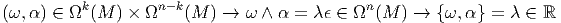           k         n-k                       n
(ω, α) ∈ Ω (M  ) × Ω   (M ) →  ω ∧ α = λ ϵ ∈ Ω (M ) →  {ω,α } = λ ∈ ℝ  